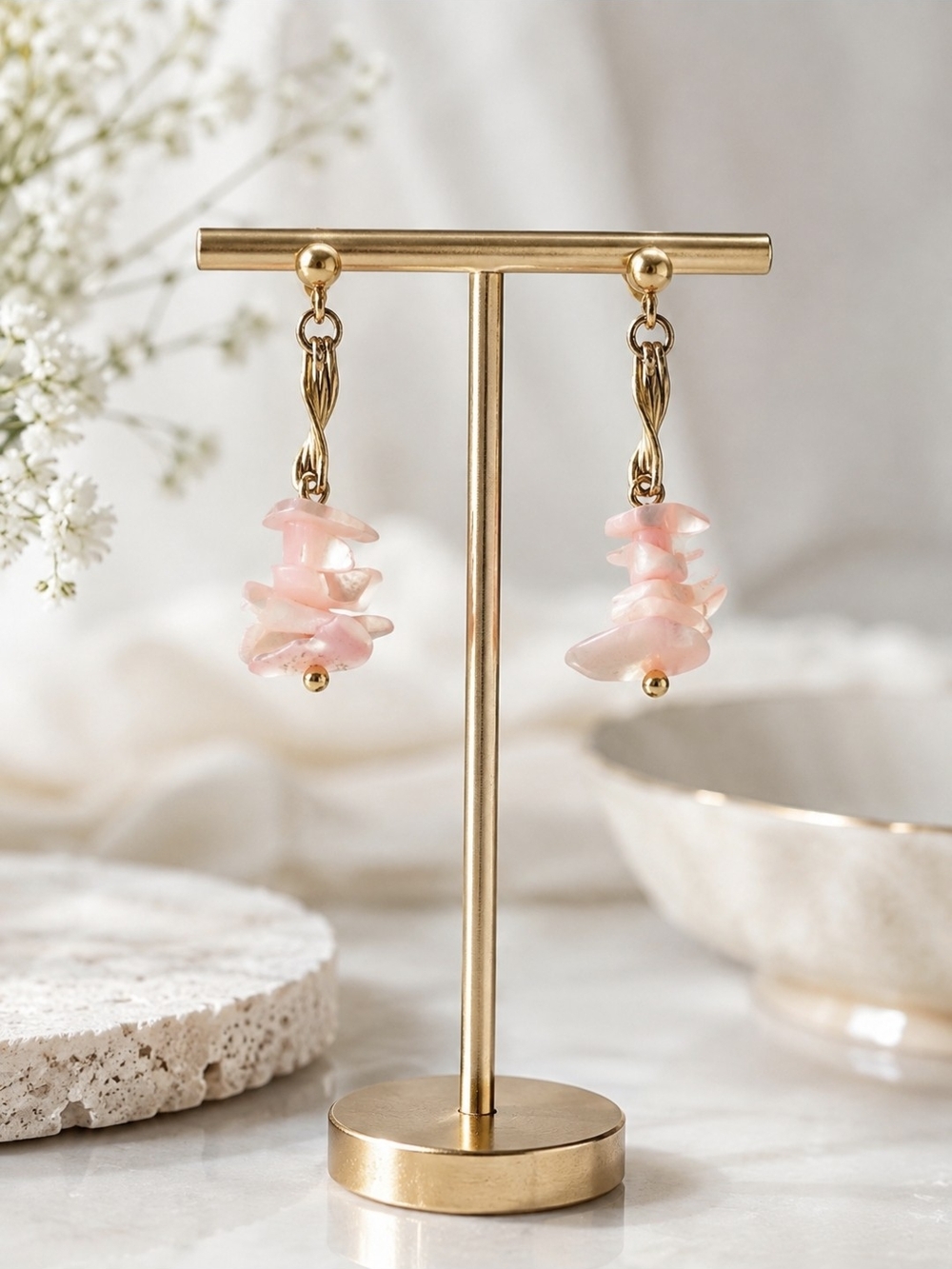 Handmade Pink Mother Of Pearl Shell Chip Drop Earrings - Gold Accents - Picture 1 of 6